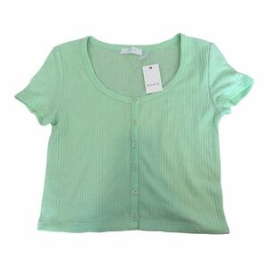 Elodie Lime Green Button Front Knit Short Sleeve Top size Large